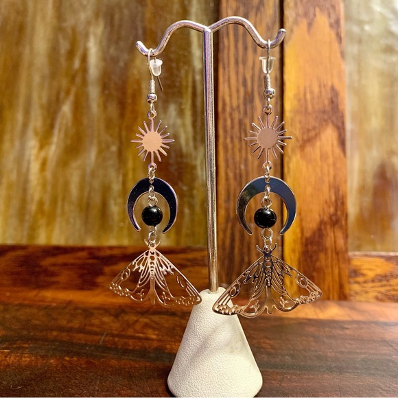 The Sun and The Moon Moth Boho Dangler Earrings - Picture 4 of 7